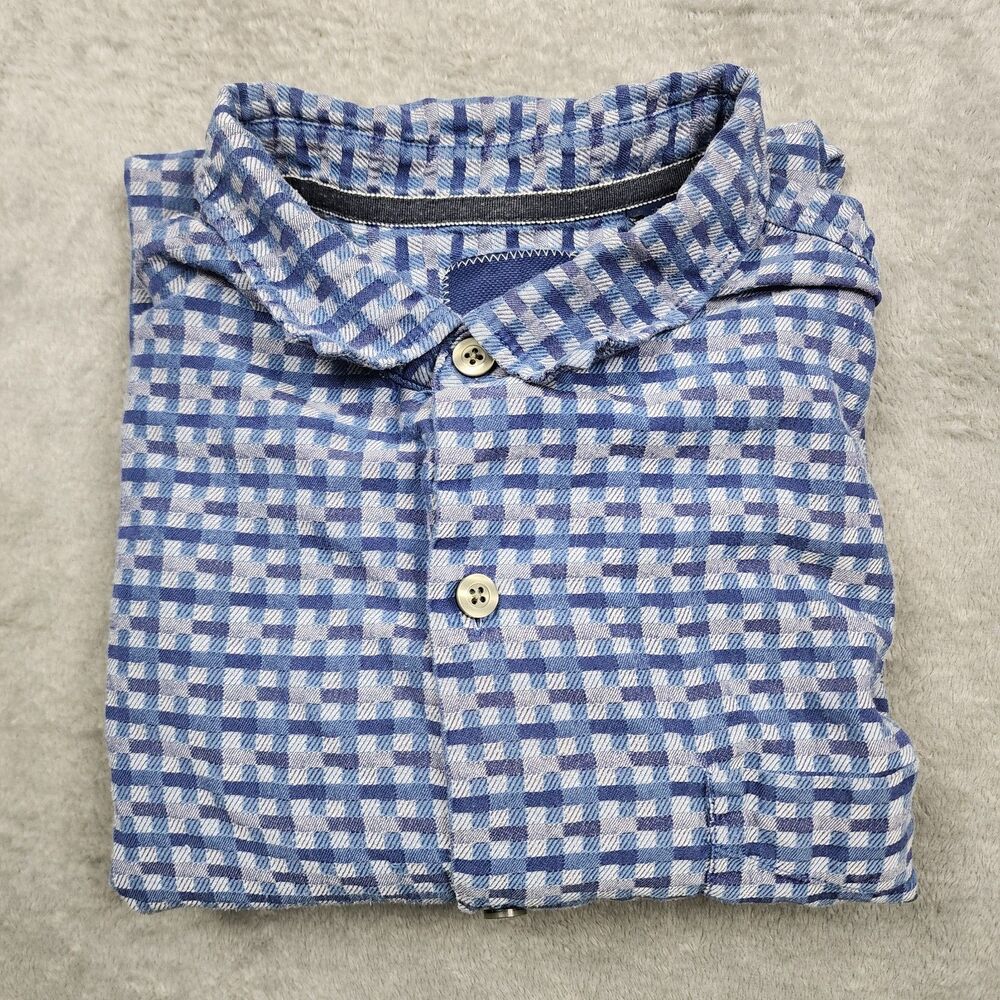 Tommy Bahama Men's XLT Shirt Blue Check Silk Cotton Short Sleeve Button-Up